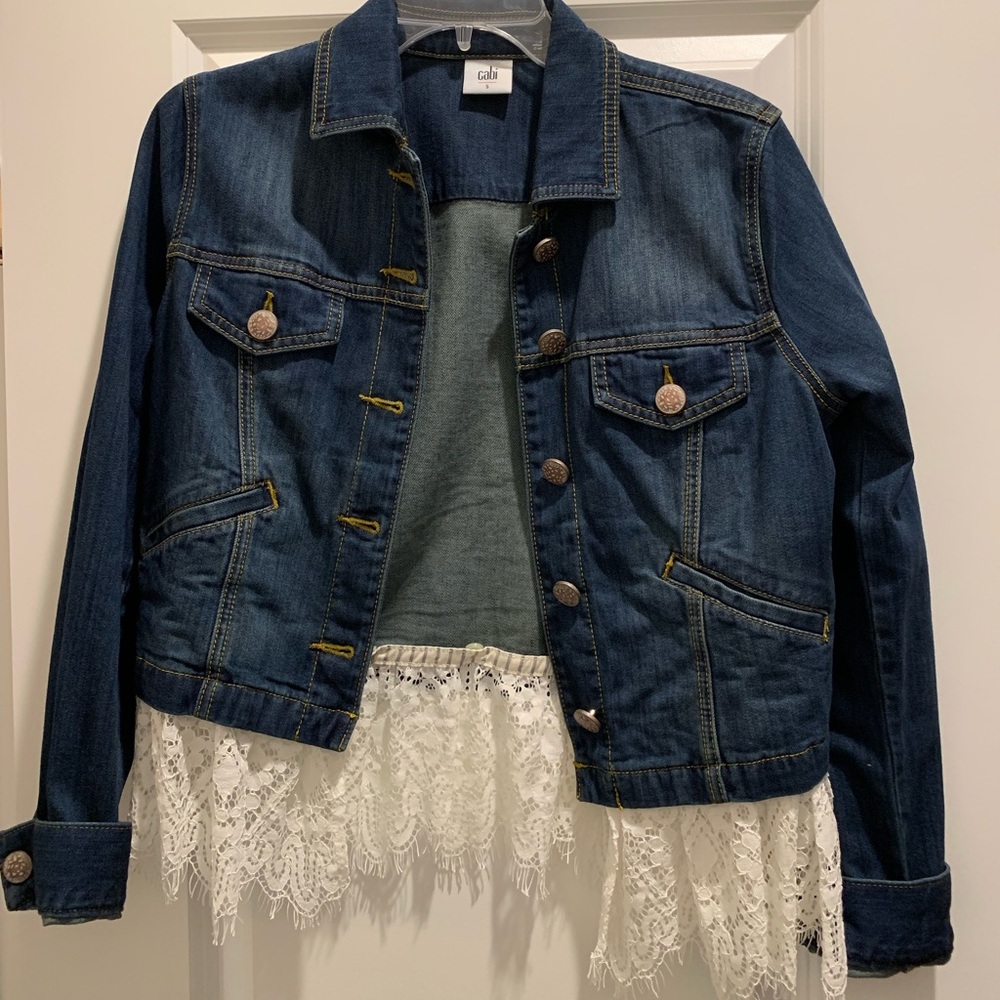 CLEAR OUT 💥💥CAbi dark wash denim jacket w/ lace